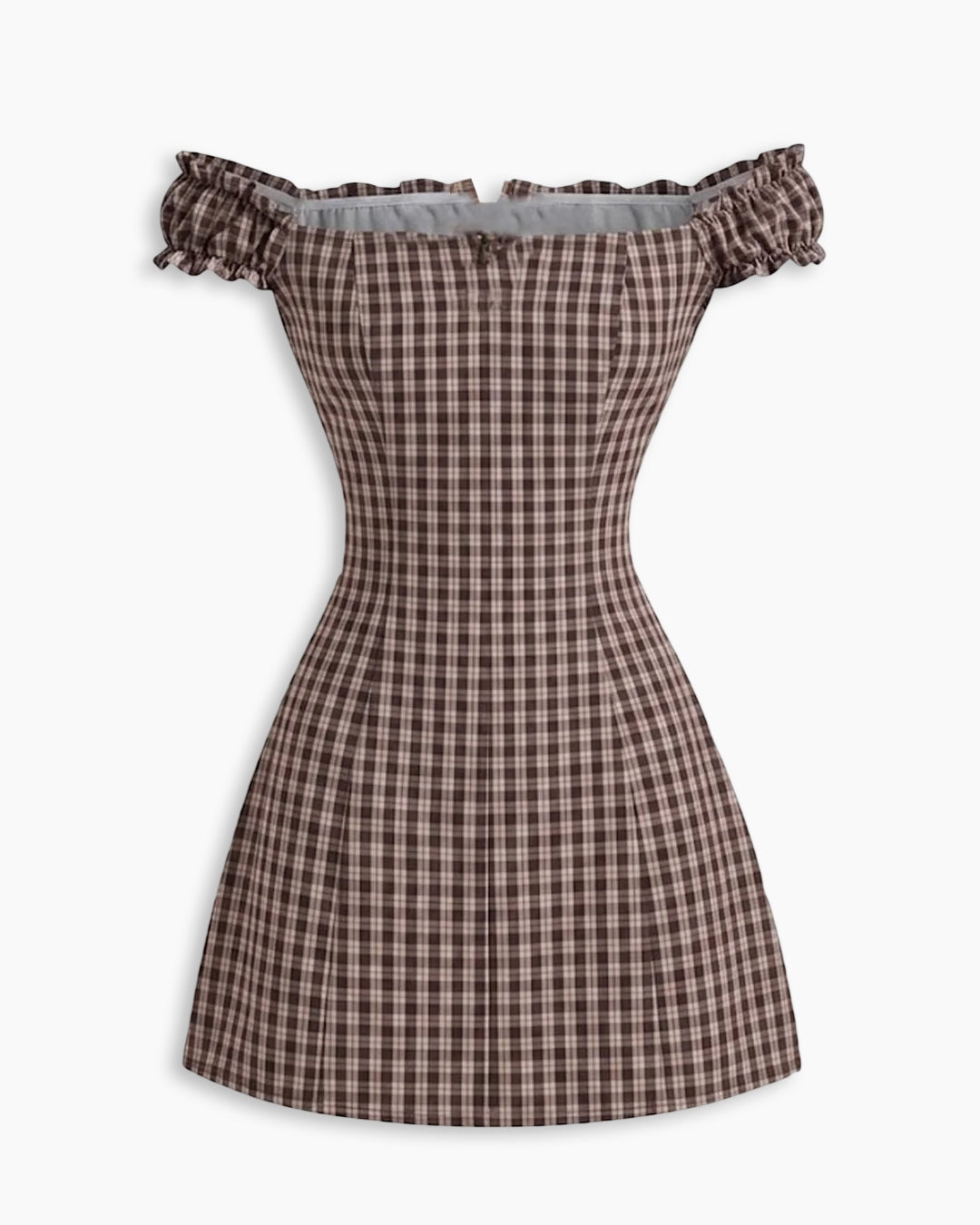 Plaid Off Shoulder Fit and Flare Mini Dress In Brown