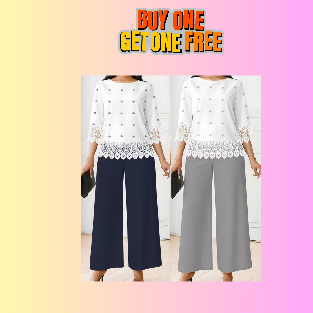 Chic Polka Dot Lace Co-Ord Set – Elegant Round Neck Top with Relaxed Fit Solid Trousers