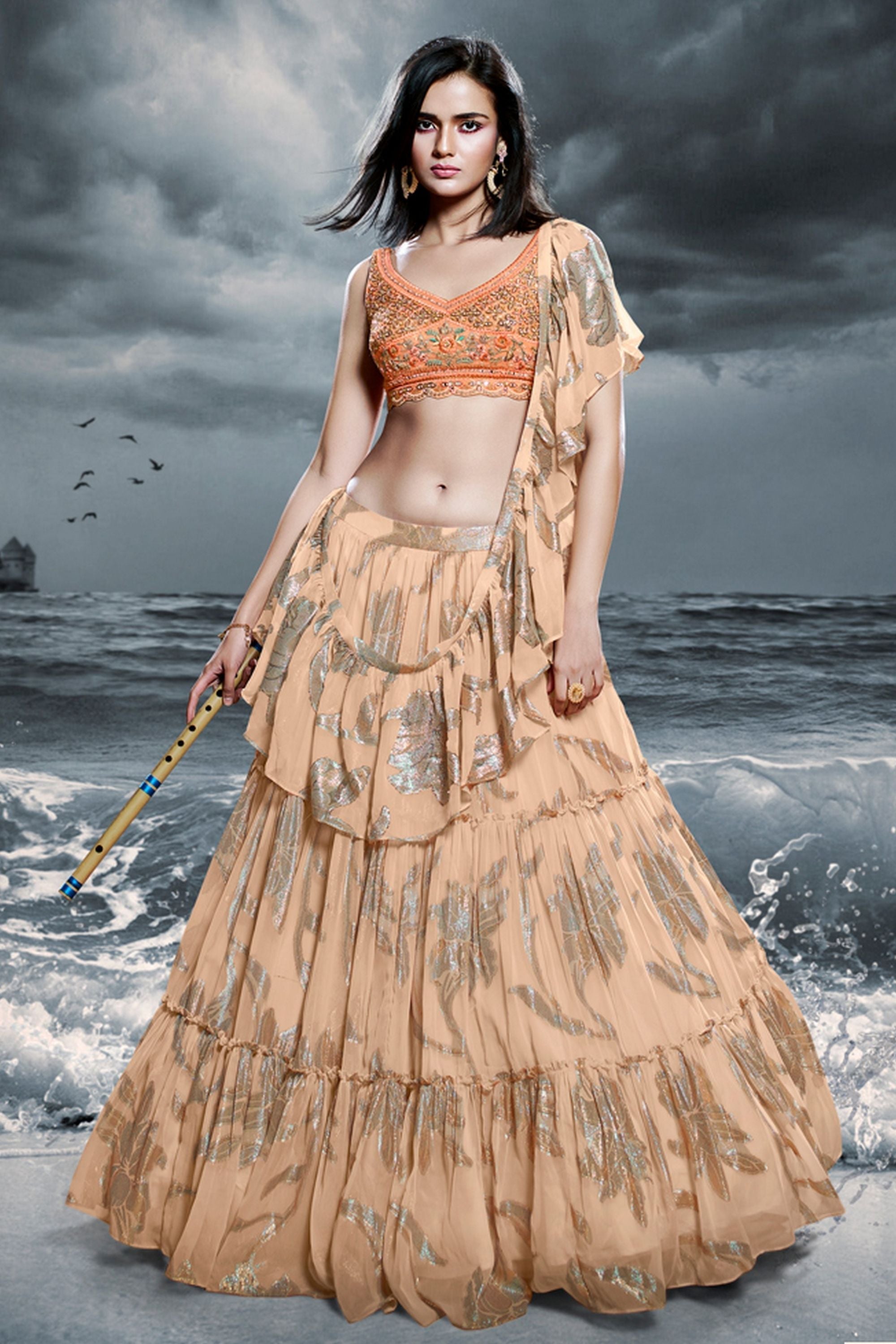 Beige Art Silk Ruffle Lehenga Choli For Indian Festivals & Weddings - Print Work, Thread Embroidery Work, Handwork Work