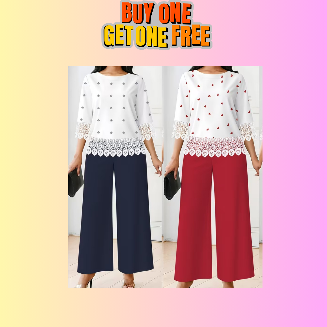 Chic Polka Dot Lace Co-Ord Set – Elegant Round Neck Top with Relaxed Fit Solid Trousers