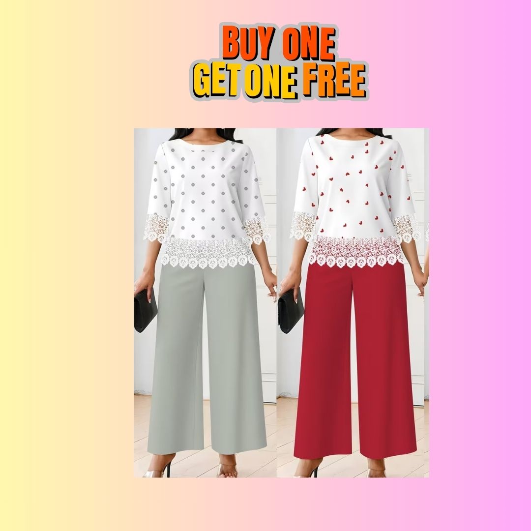 Chic Polka Dot Lace Co-Ord Set – Elegant Round Neck Top with Relaxed Fit Solid Trousers