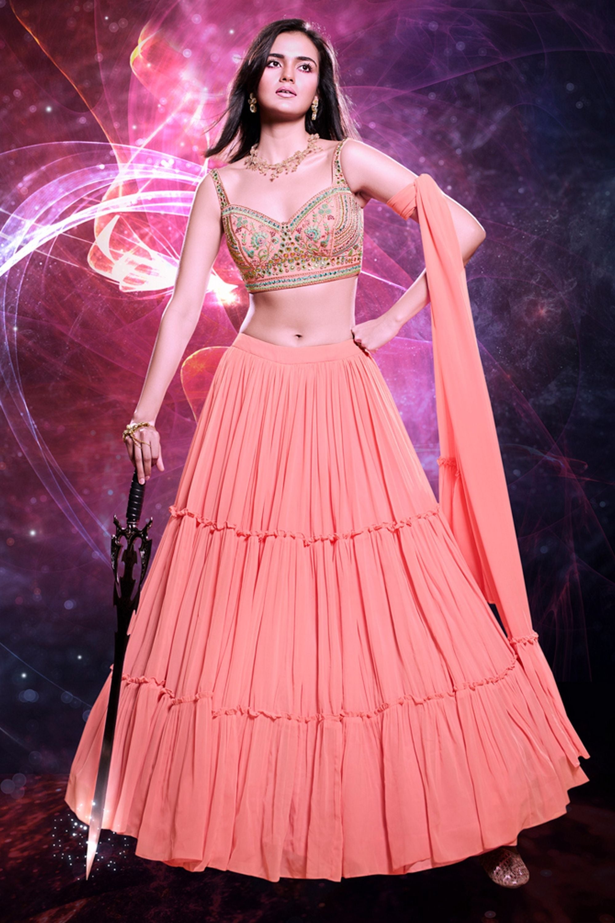Pink Georgette Ruffle Lehenga Choli For Indian Festivals & Weddings - Thread Embroidery Work, Handwork Work