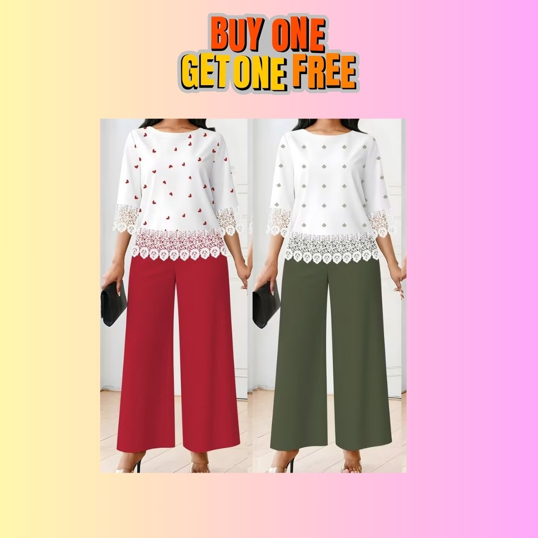 Chic Polka Dot Lace Co-Ord Set – Elegant Round Neck Top with Relaxed Fit Solid Trousers