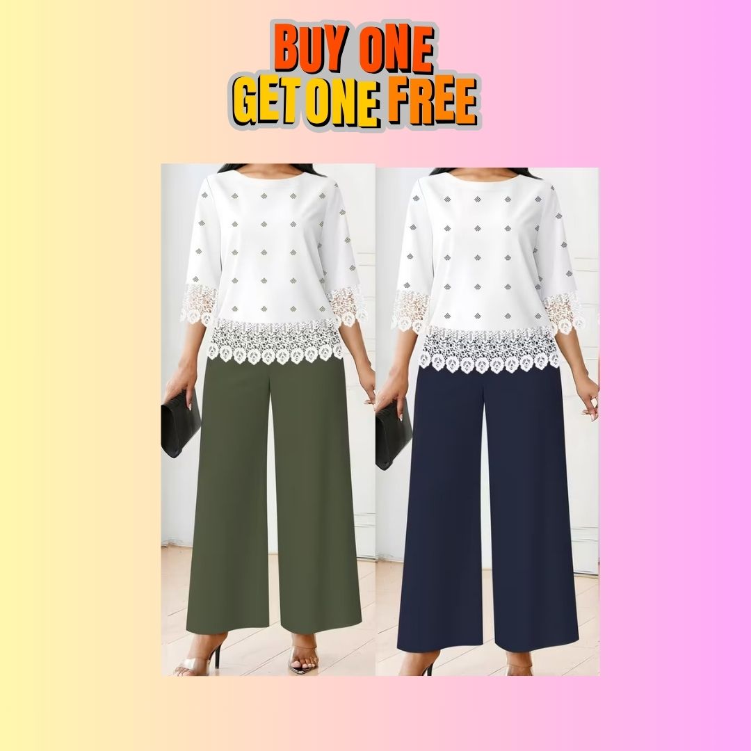 Chic Polka Dot Lace Co-Ord Set – Elegant Round Neck Top with Relaxed Fit Solid Trousers