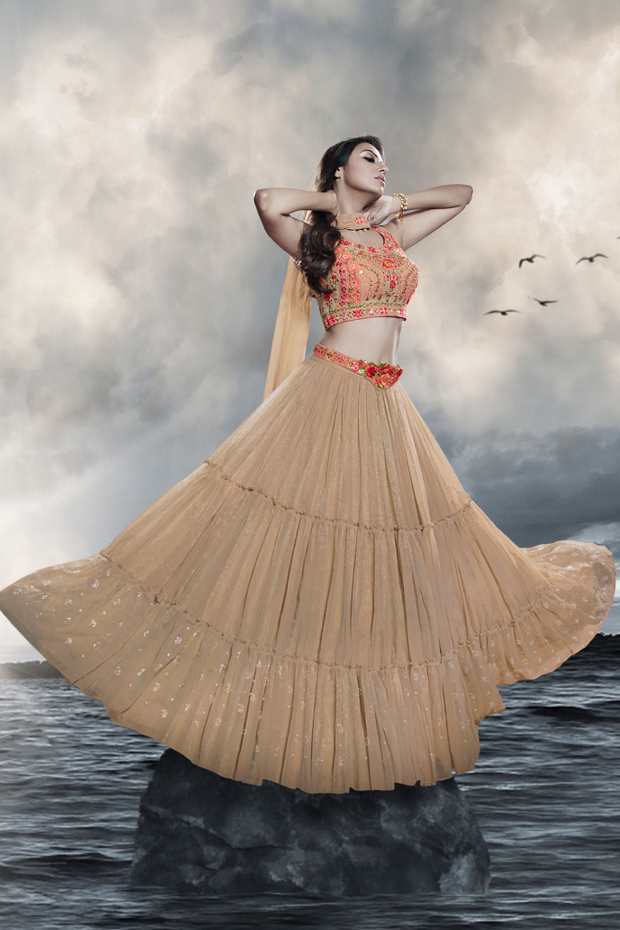 Beige Art Silk Ruffle Lehenga Choli For Indian Festivals & Weddings - Thread Embroidery Work, Handwork Work