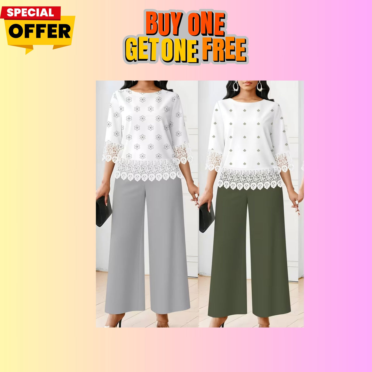 Chic Polka Dot Lace Co-Ord Set – Elegant Round Neck Top with Relaxed Fit Solid Trousers