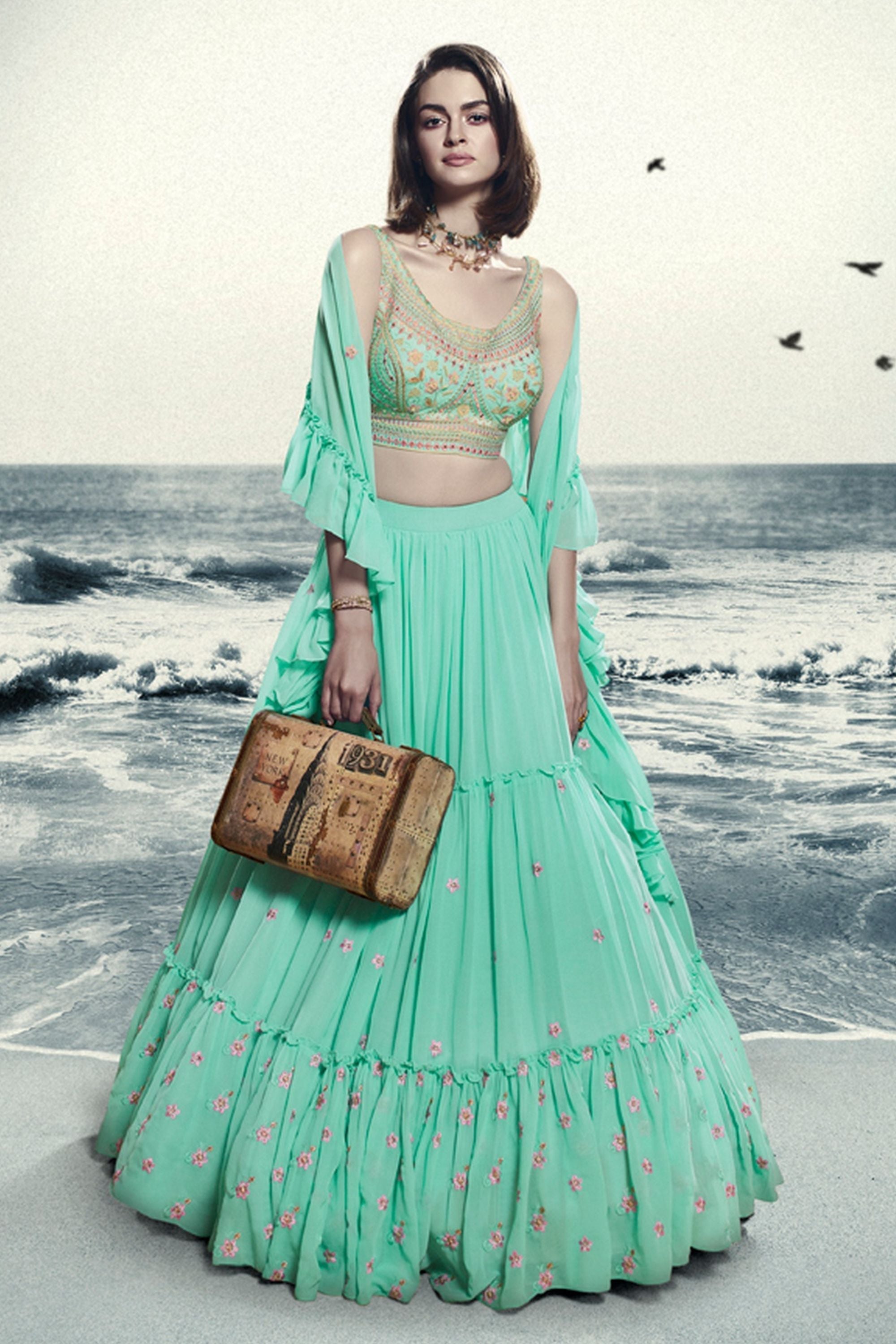 Blue Georgette Ruffle Lehenga Choli For Indian Festivals & Weddings - Thread Embroidery Work, Handwork Work