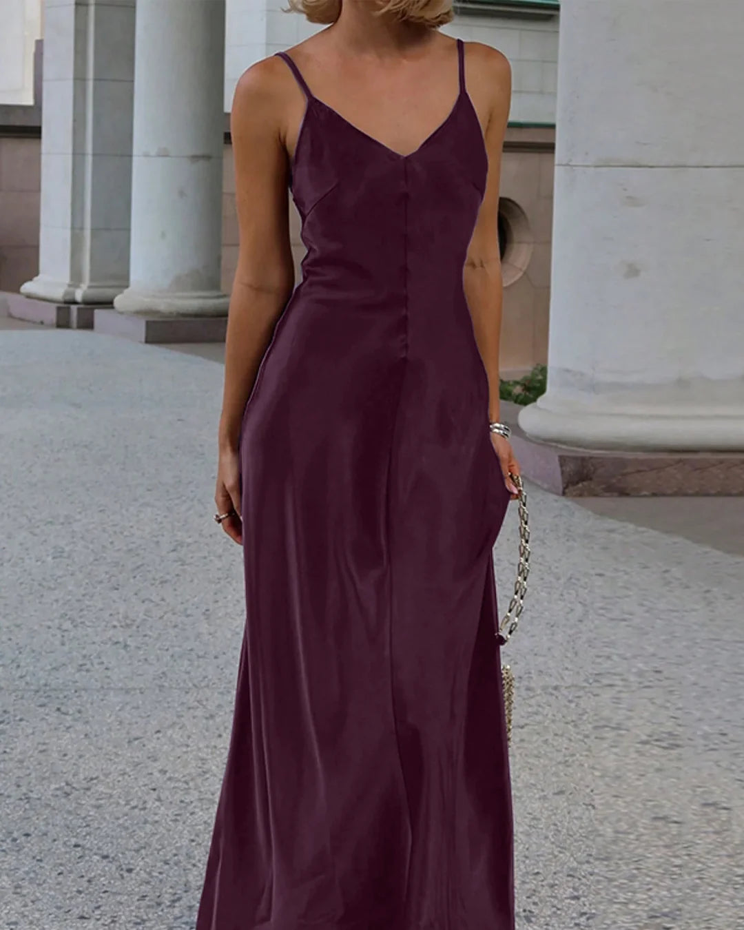 V-Neck Backless Satin Slip Maxi Dress in Wine