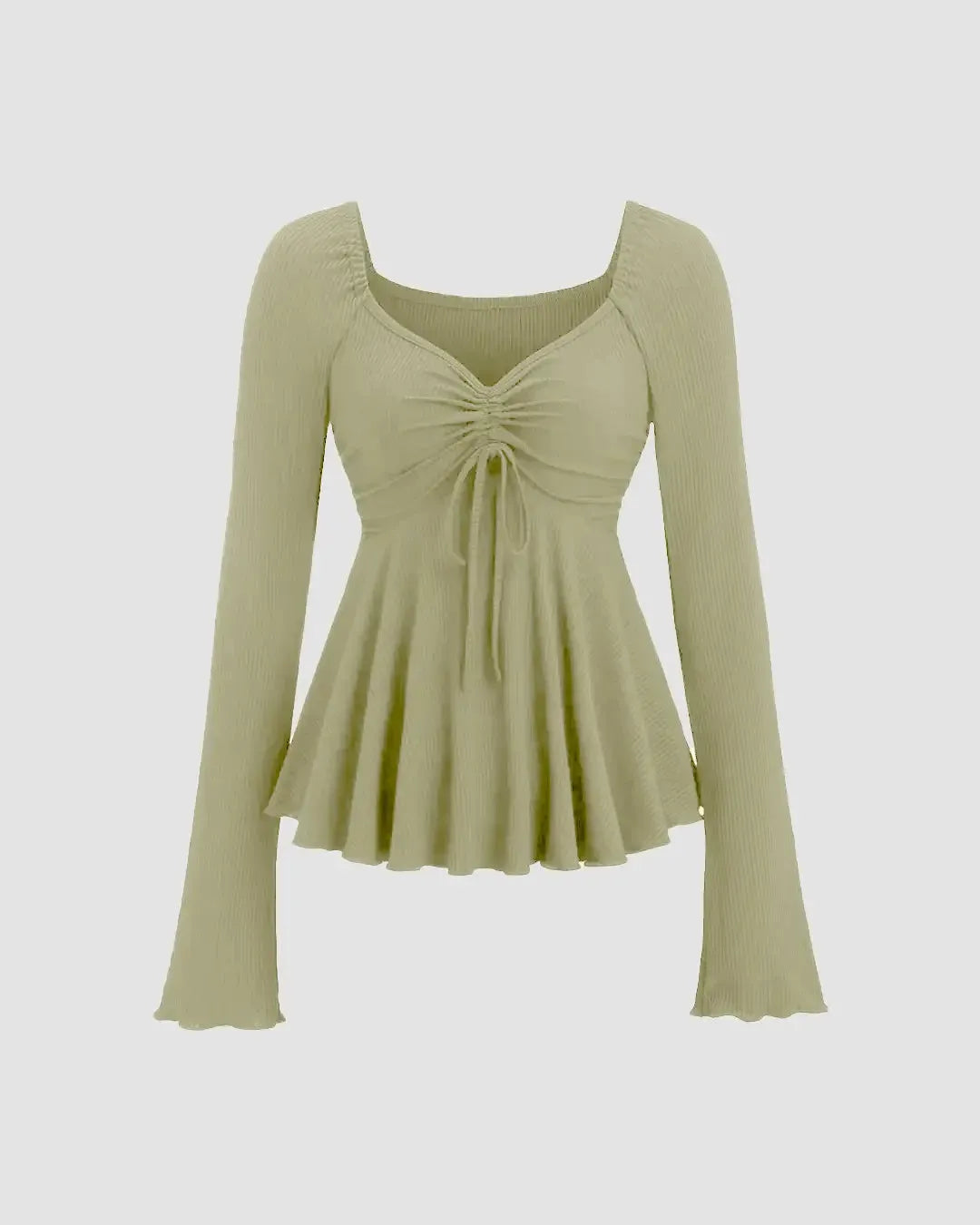 V-Neck Drawstring Long Sleeve Top In Green