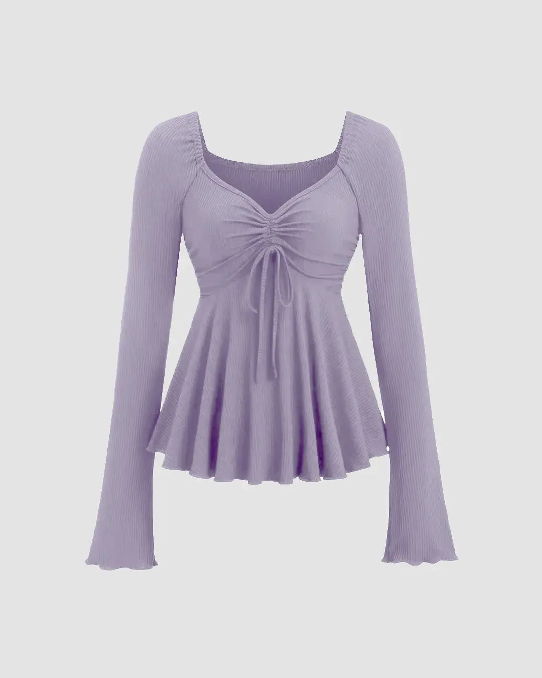 V-Neck Drawstring Long Sleeve Top In Lavender