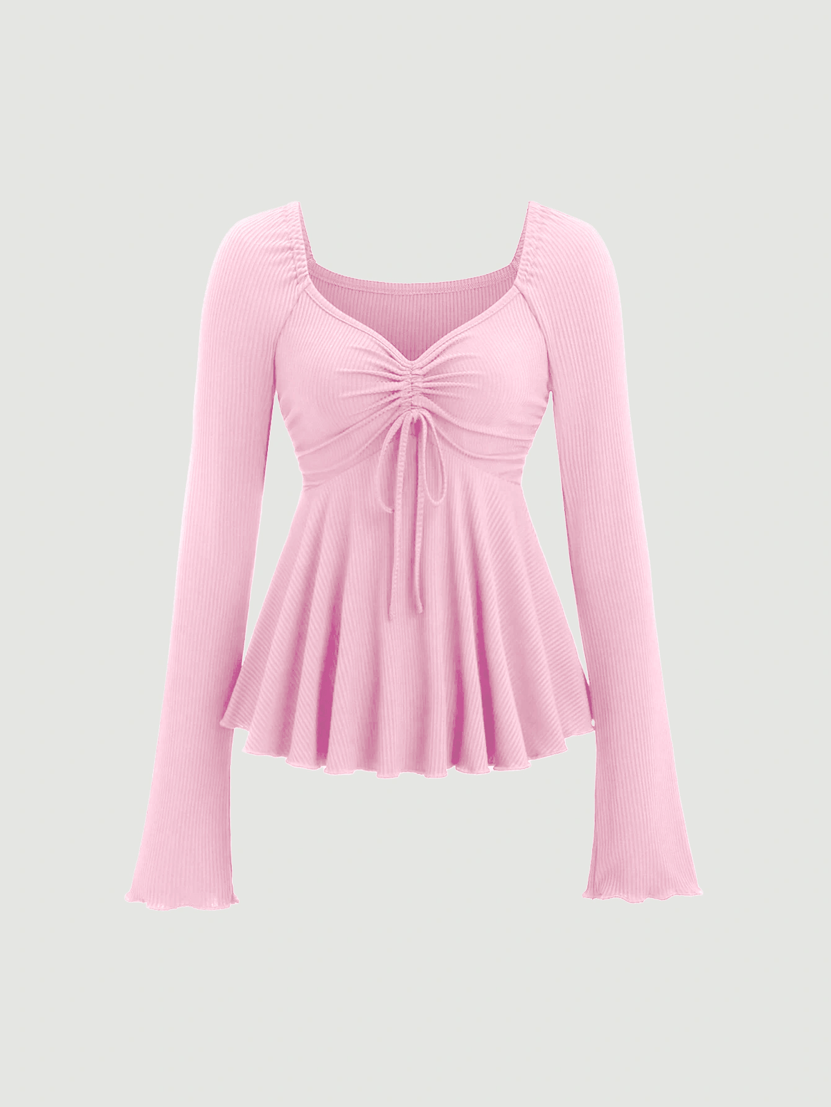 V-Neck Drawstring Long Sleeve Top In Pink