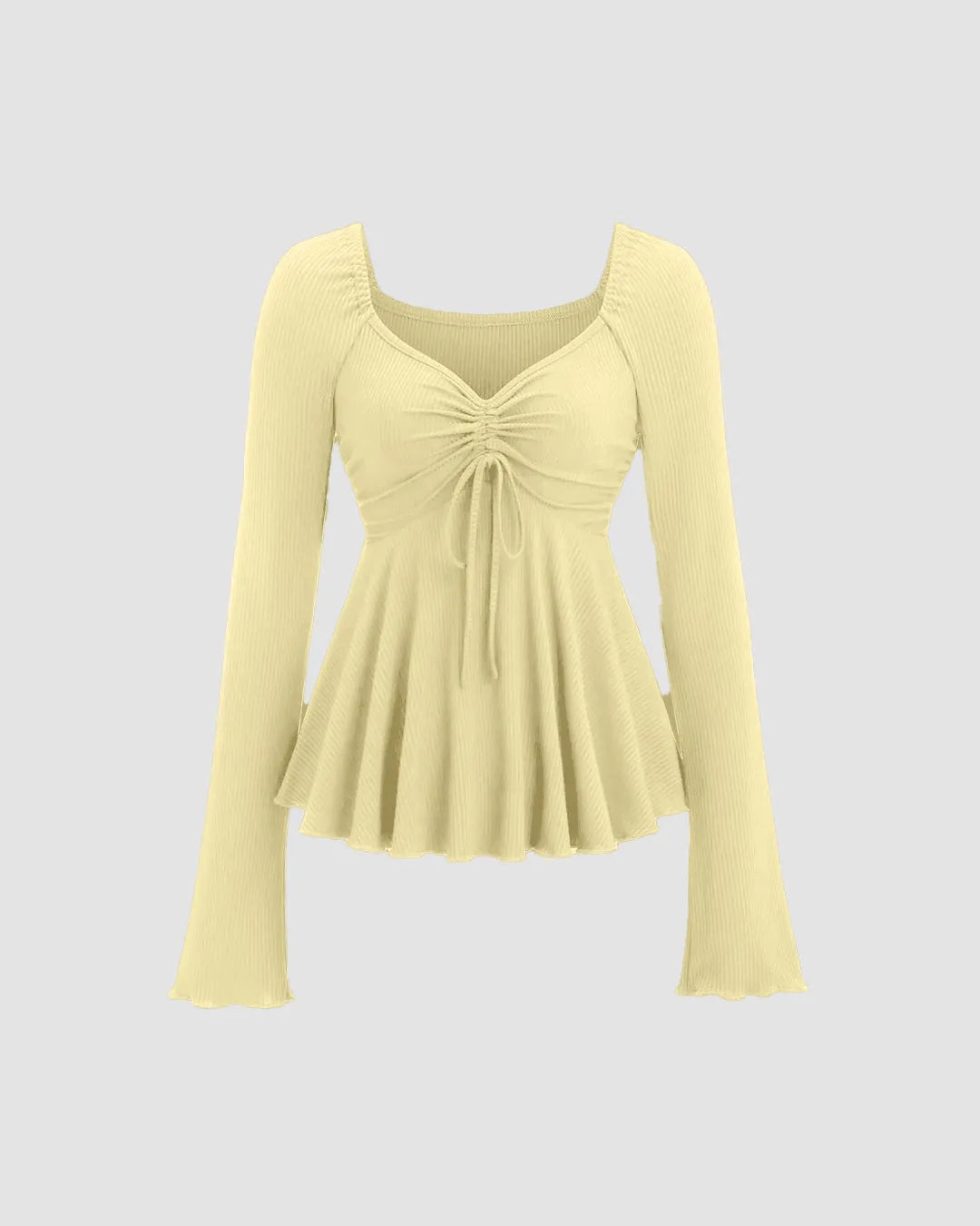 V-Neck Drawstring Long Sleeve Top In Vanilla