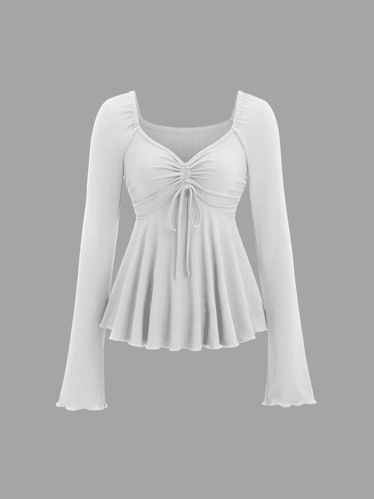 V-Neck Drawstring Long Sleeve Top In White
