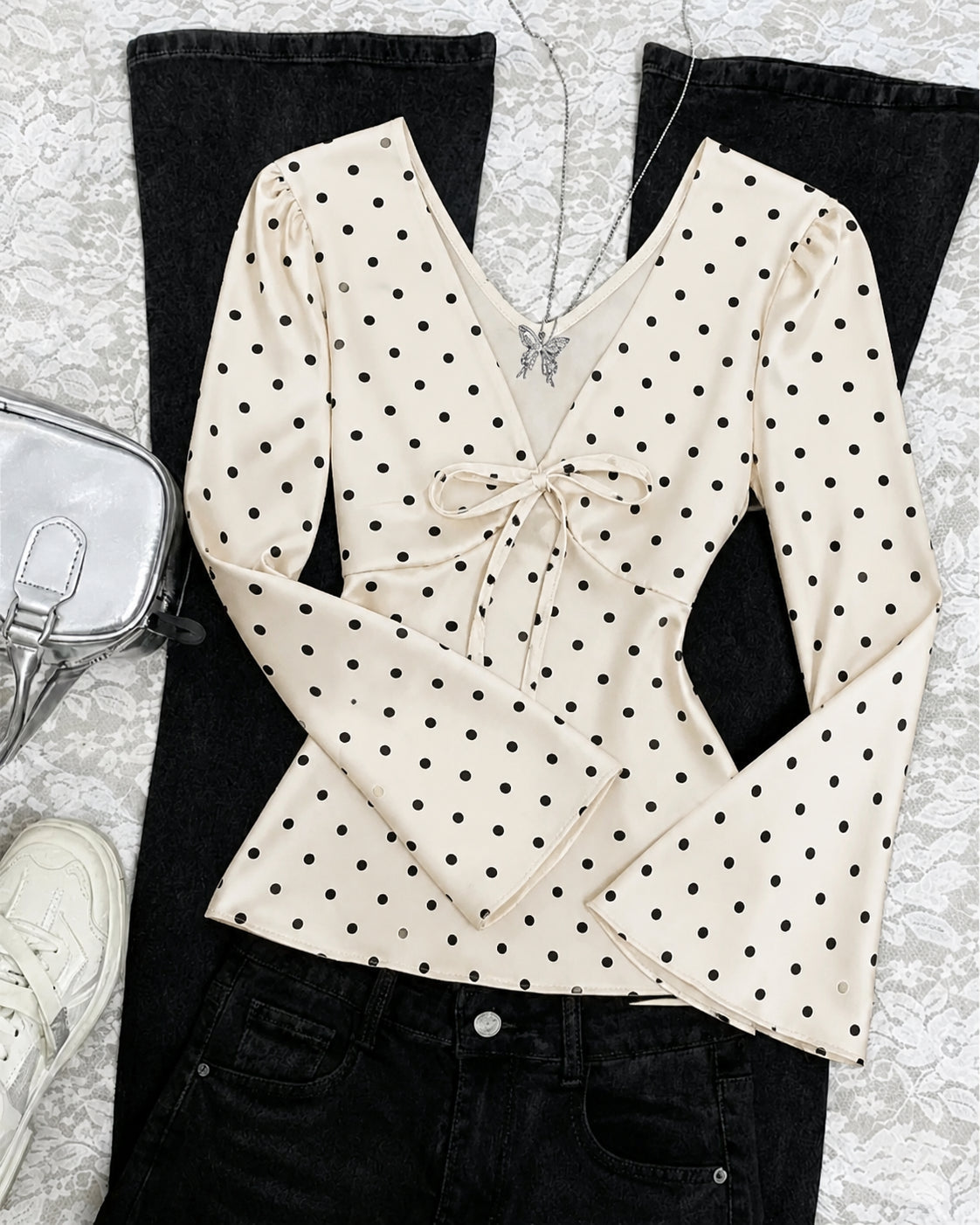 V-Neck Fitted Straight Hem Polka Dot Print Full Sleeves Crop Top in Cream