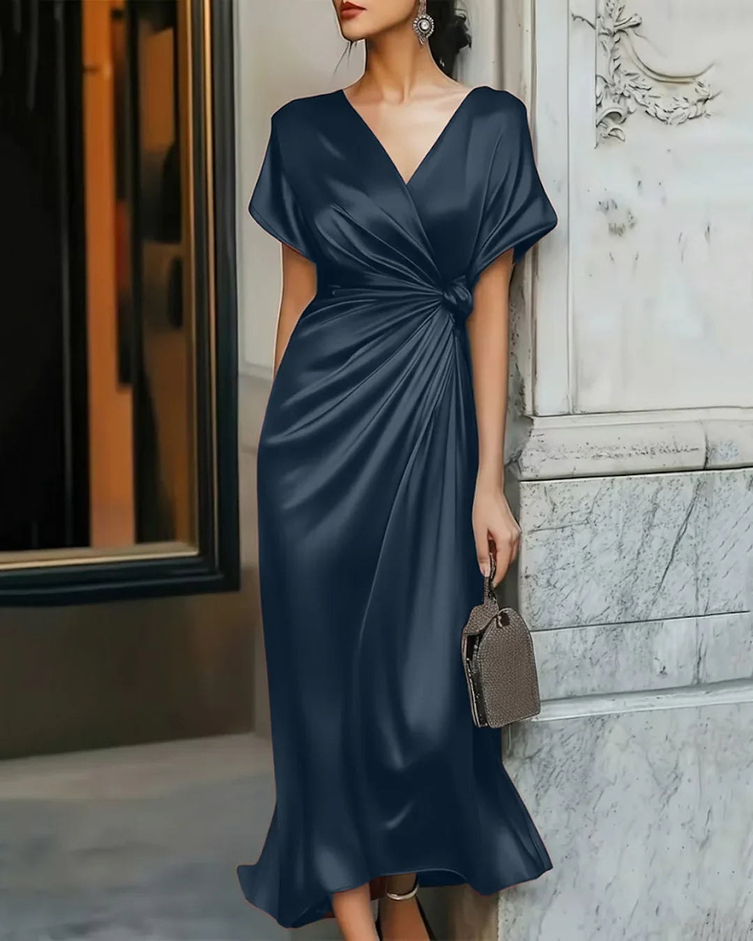 V-Neck Flared Hem Short Sleeve Frilled Waist Midi Satin Dress in Navy Blue