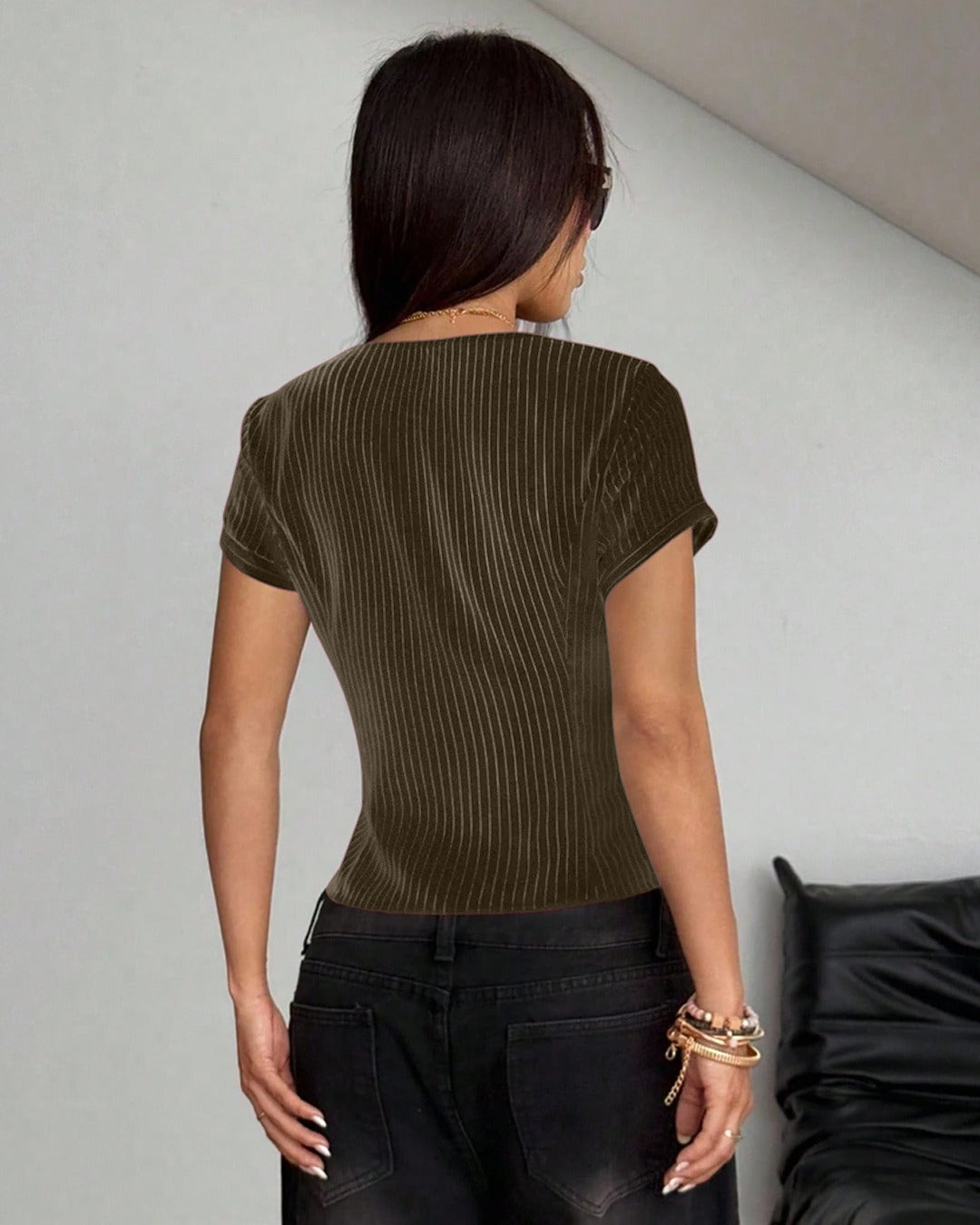 V-Neck Pinstripe Buckle Detail Fitted Shirt in Coffee Brown