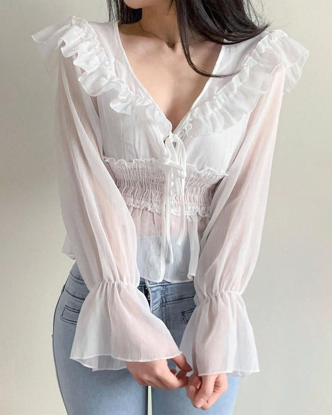 V-Neck Ruffle Trim Flared Cuff Full Sleeve Top in White