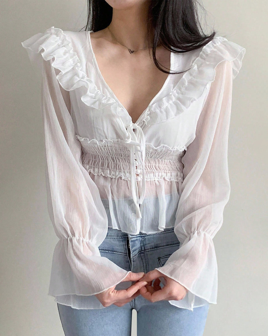 V-Neck Ruffle Trim Flared Cuff Full Sleeve Top in White