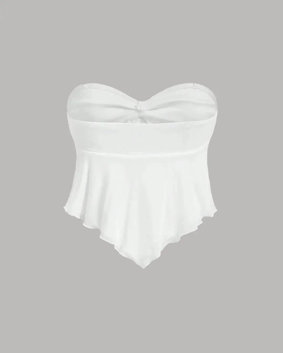 V-Neck Ruffle Trim Self-Tie Knot Cropped White Strapless Top