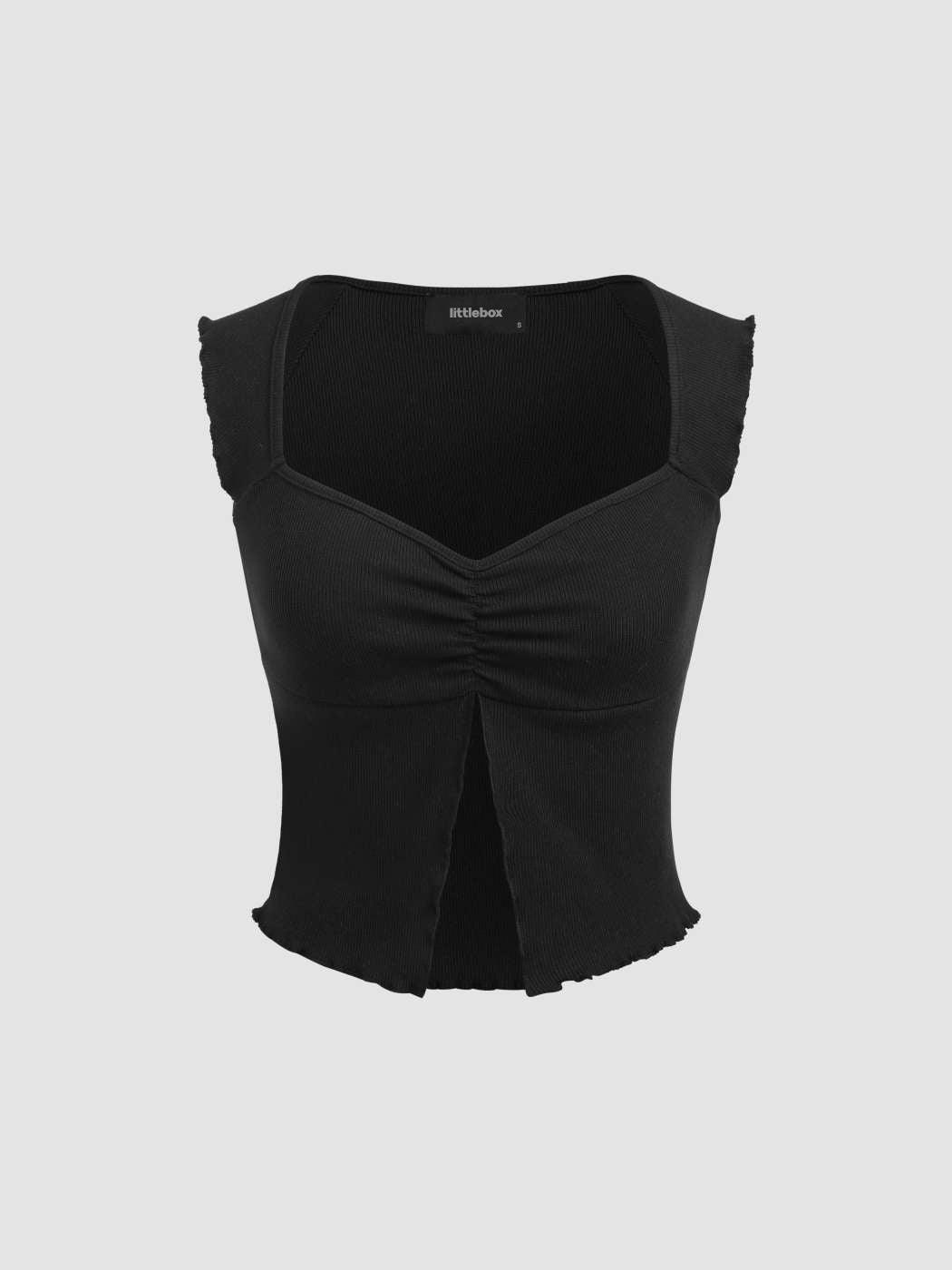 V-Neck Sleeveless Split Black Crop Top