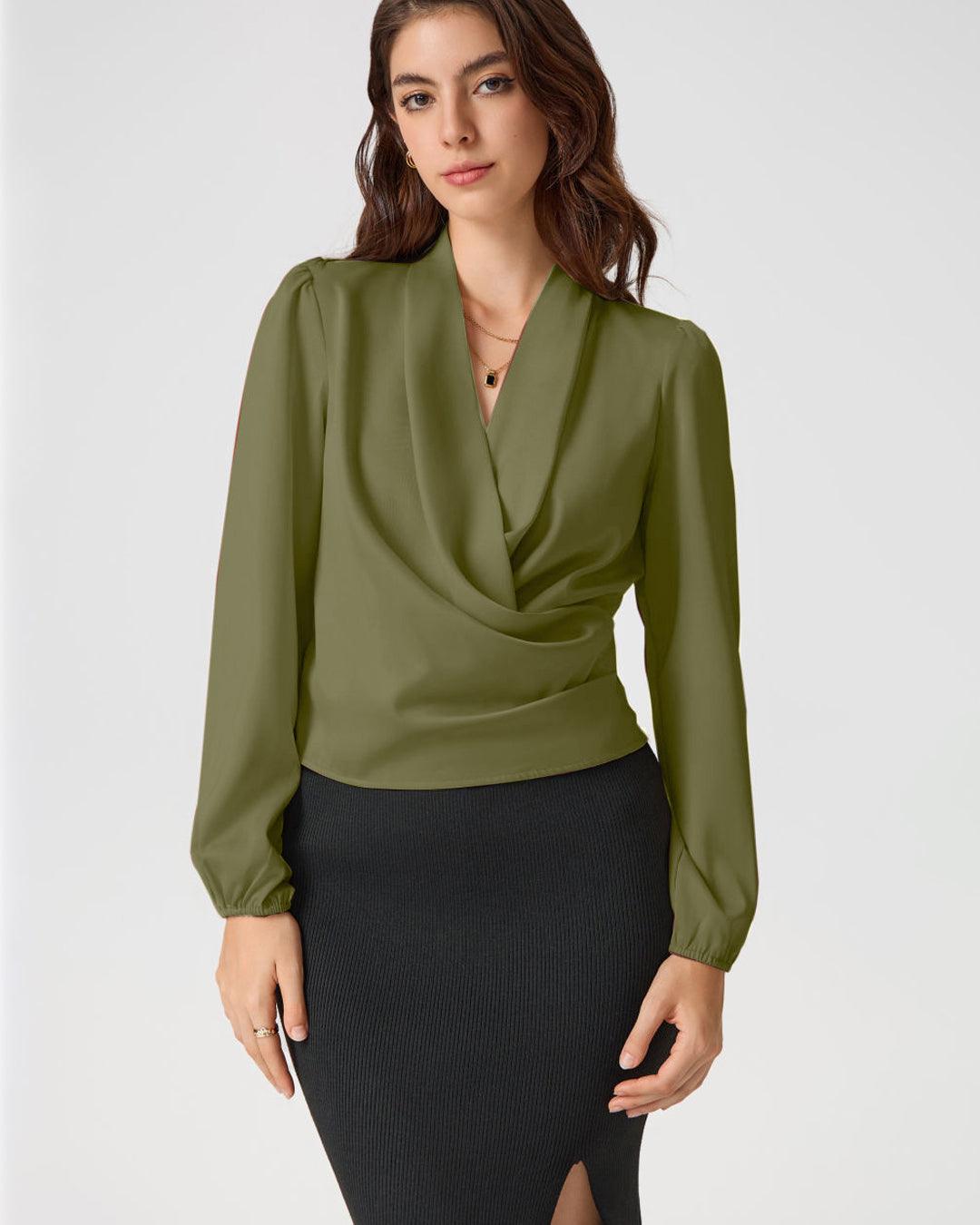 V-Neck Wrap Long Sleeve Green Blouse