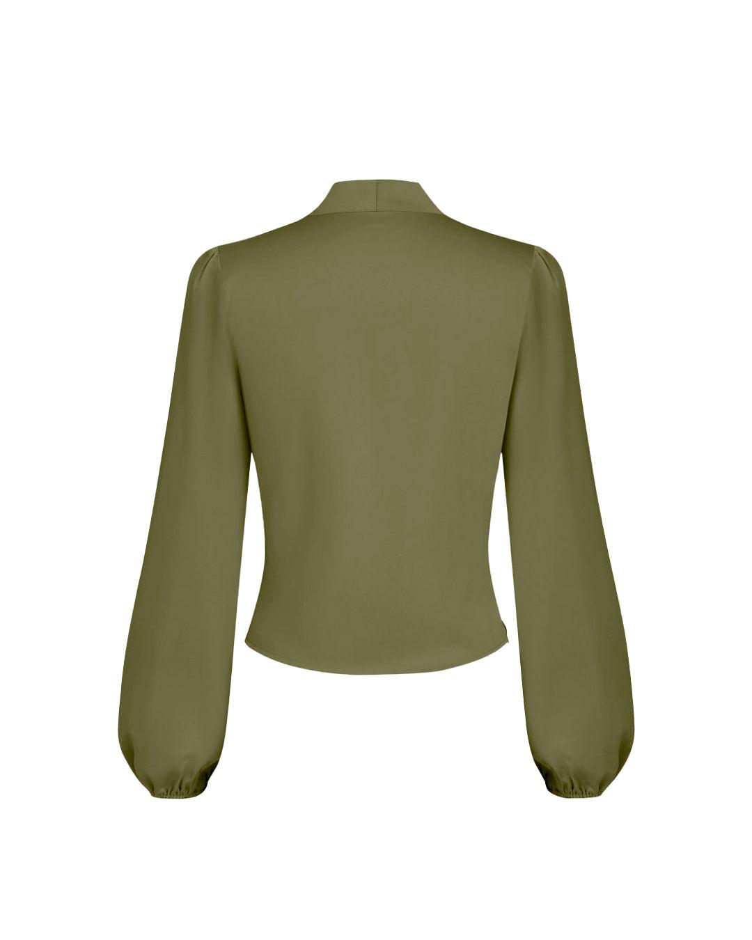 V-Neck Wrap Long Sleeve Green Blouse