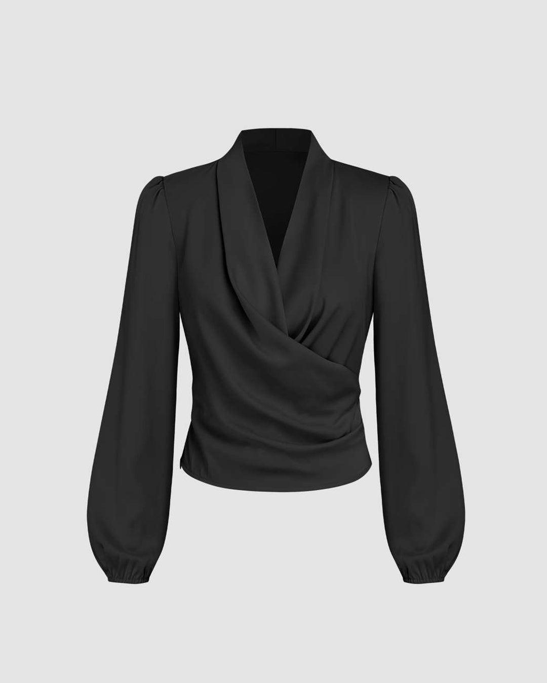 V-Neck Wrap Zip Long Sleeve Blouse