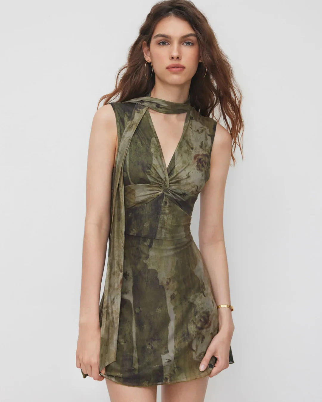V-neck Abstract Knotted Twist Mini Dress