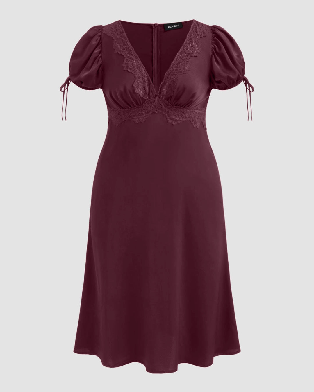 V-neck Lace Puff Sleeve Knotted Maxi Dress Curve & Plus in Maroon