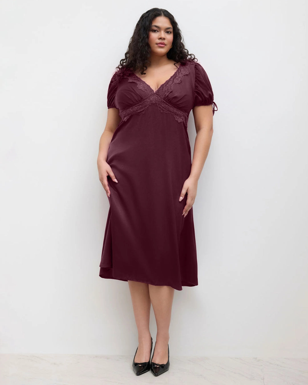 V-neck Lace Puff Sleeve Knotted Maxi Dress Curve & Plus in Maroon