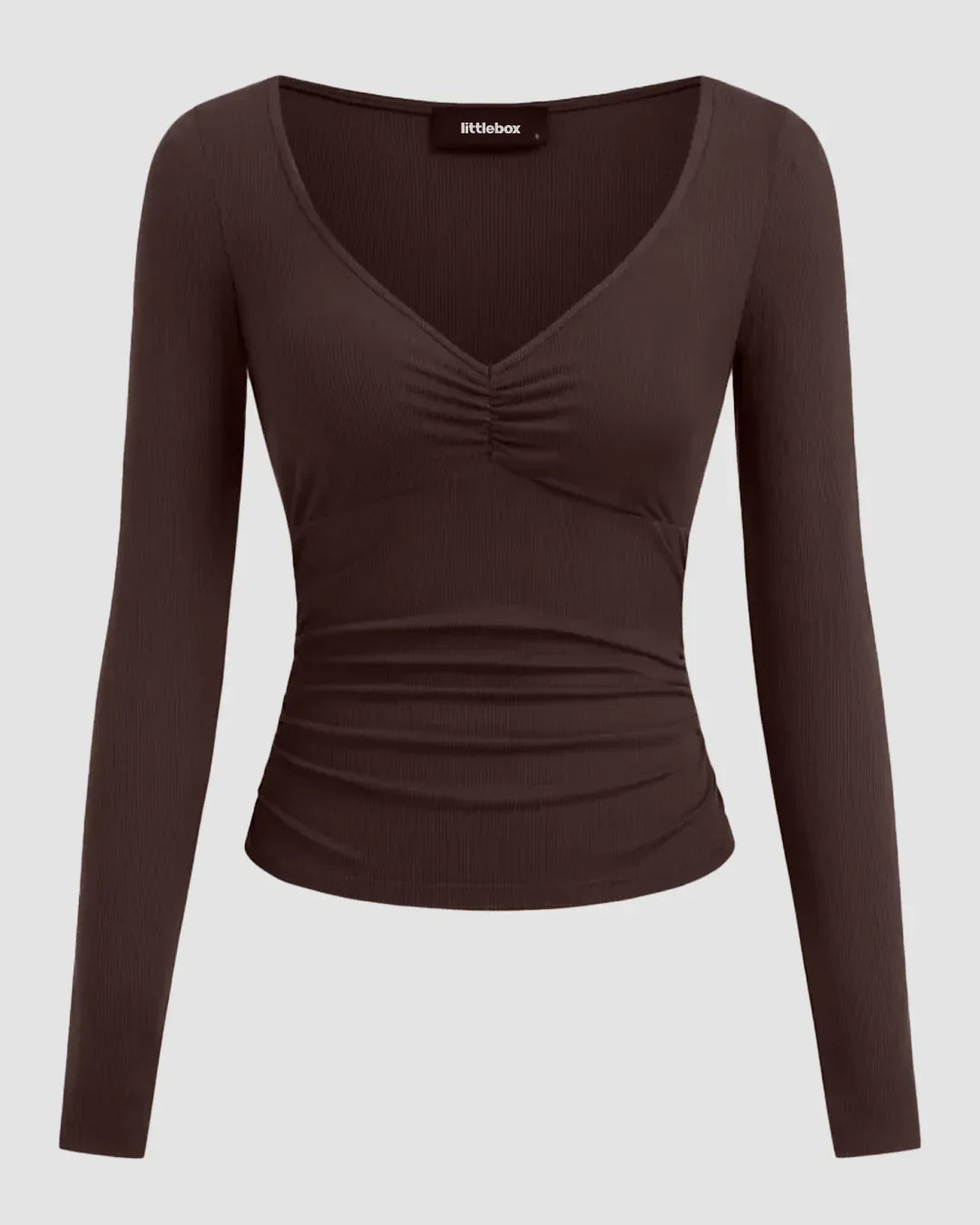 V-neck Ruched Long Sleeve Top in Brown