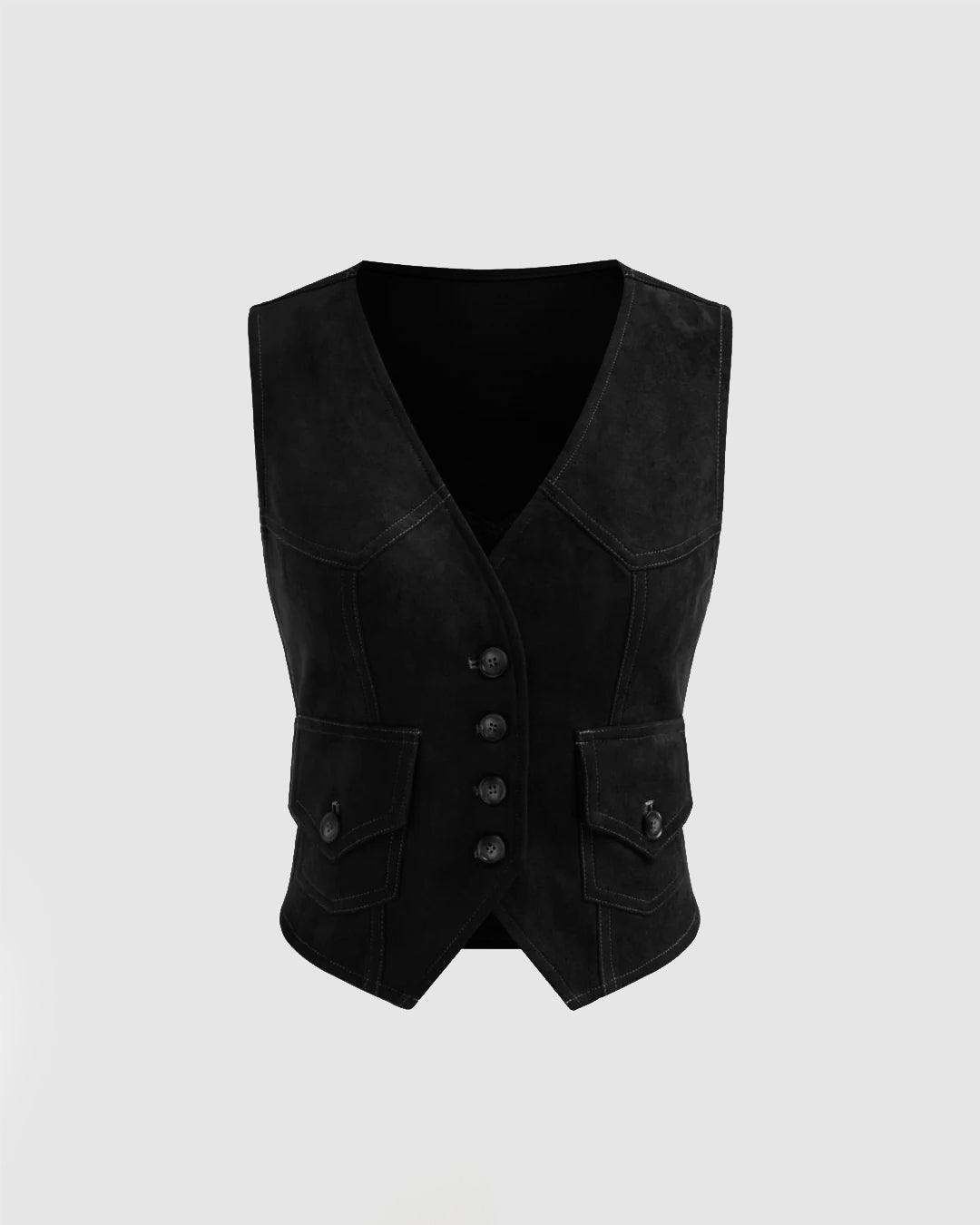 V-neck Solid Button Pocket Vest In Black