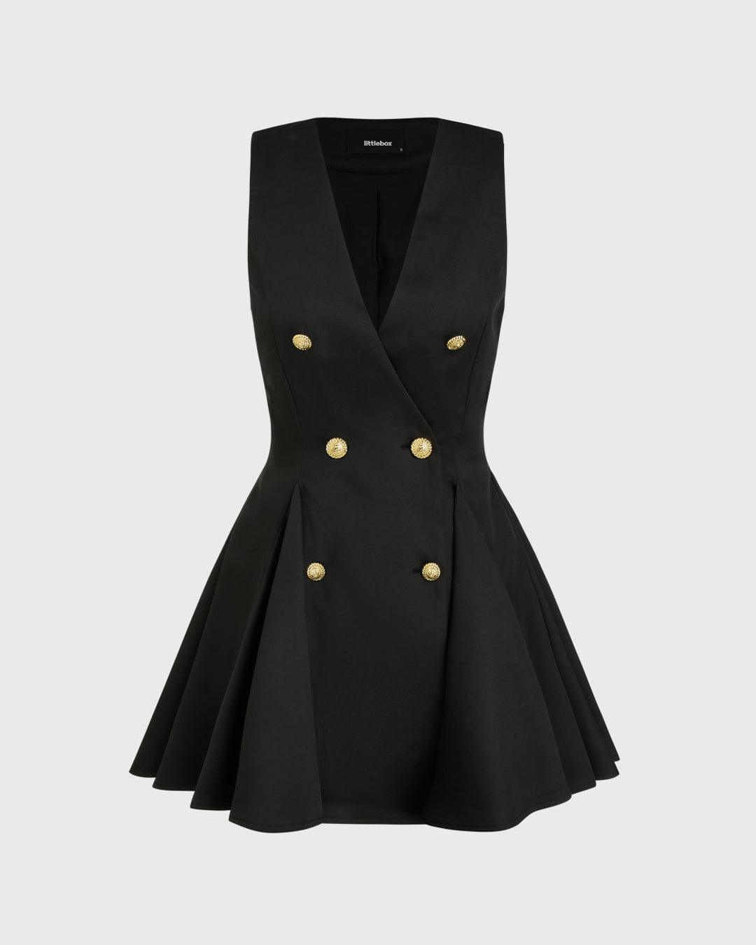 V-neck Solid Button Ruffle Black Mini Dress