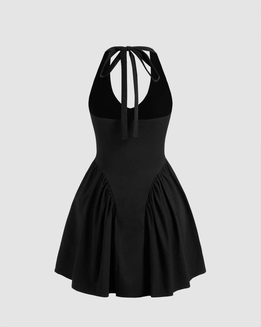 V-neck Solid Knotted Ruffle Halter Mini Black Dress