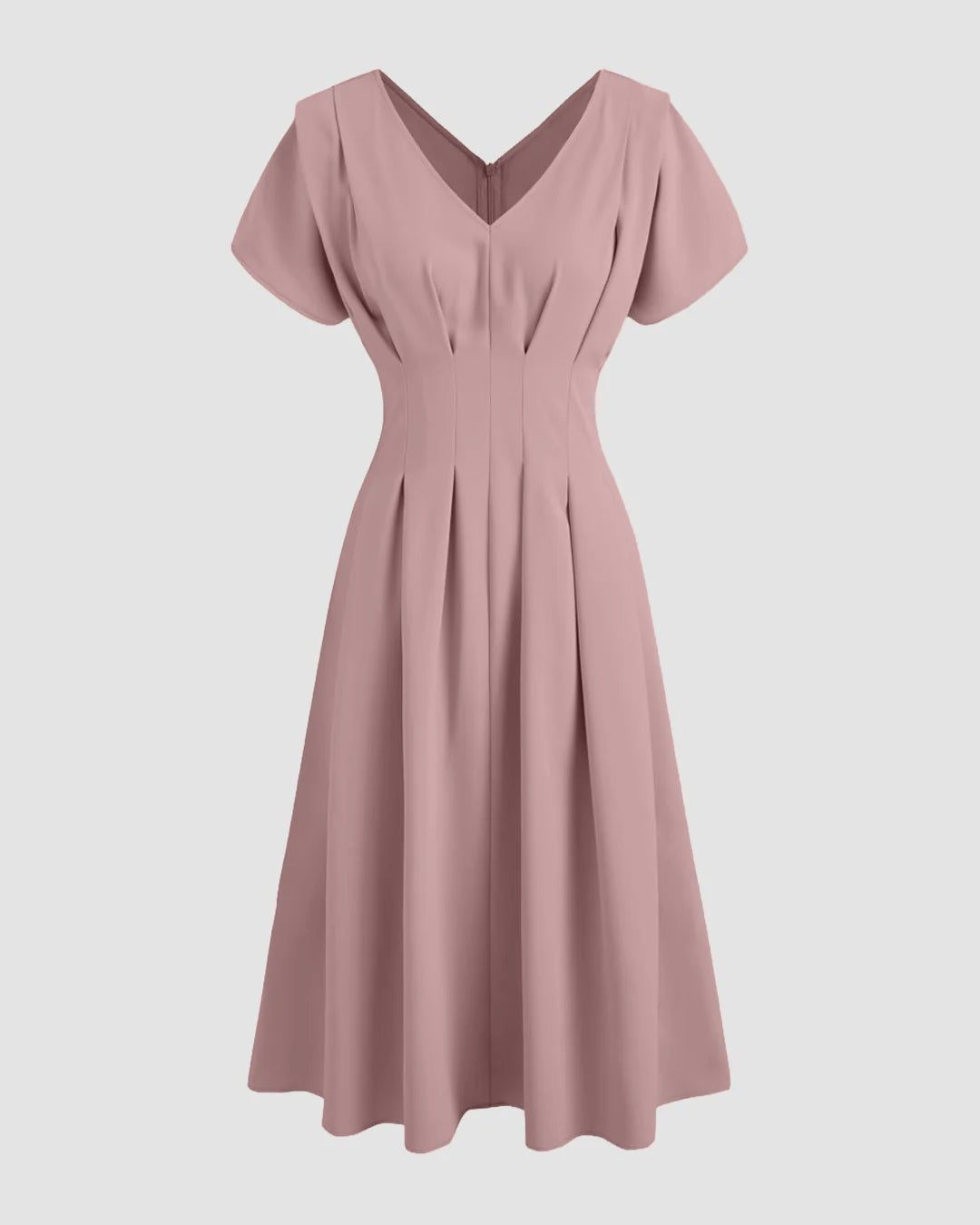 V-neck Solid Pleated Midi Dress in Pink