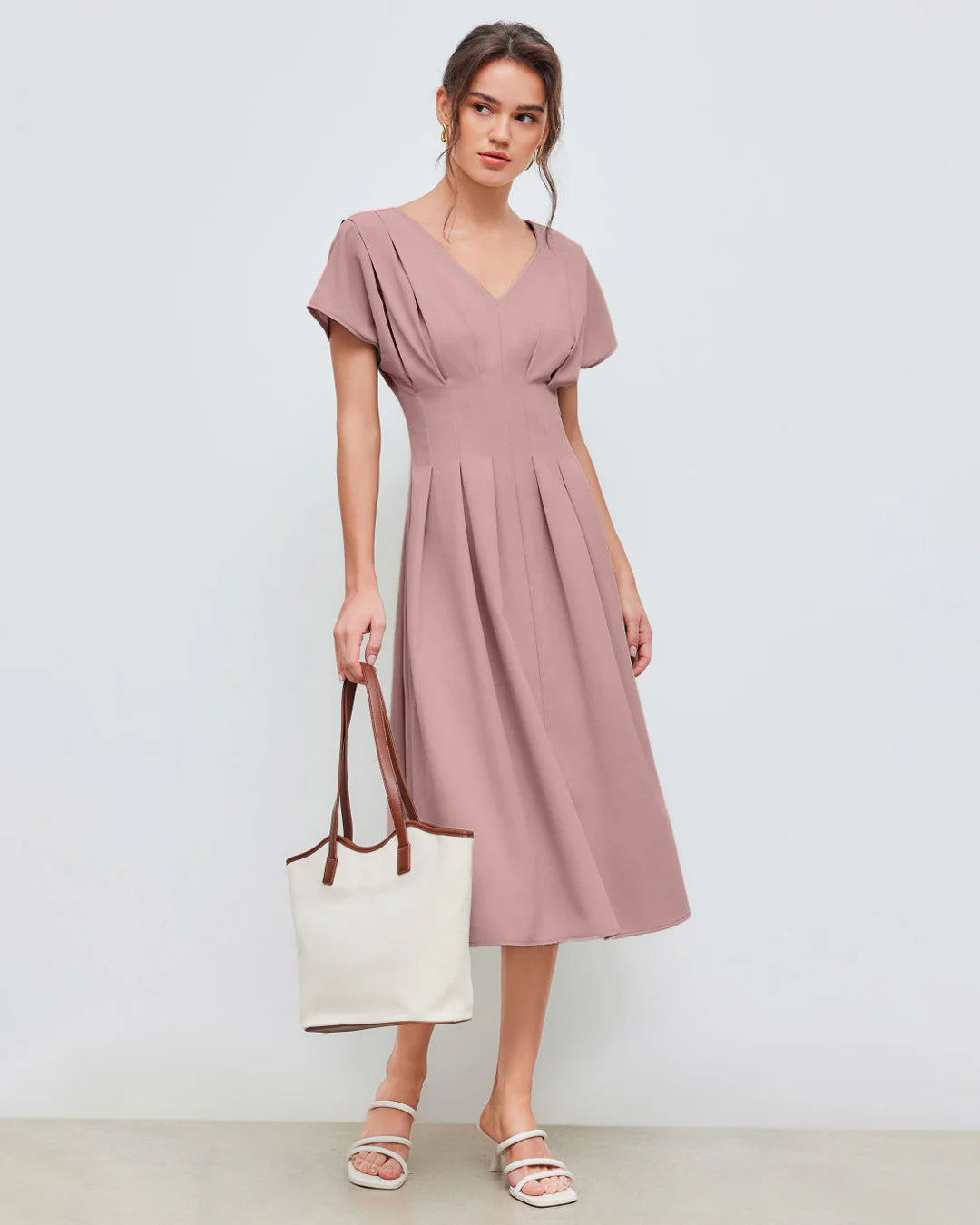 V-neck Solid Pleated Midi Dress in Pink