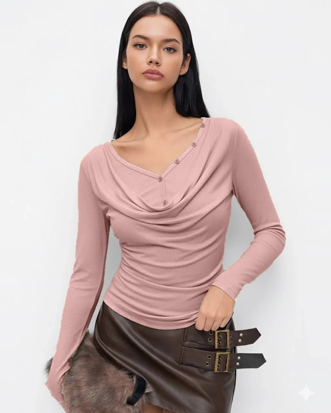 V-neck Solid Ruched Draped Cinched Waist Long Sleeve Top in Rose