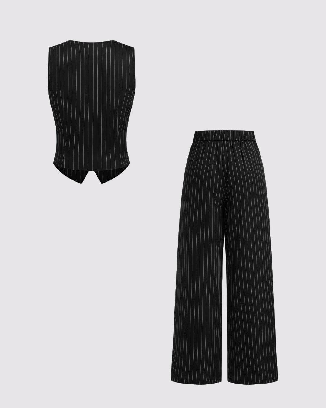 V-neck Stripe Button Tank Top & Mid Rise Pocket Straight Leg Trousers Set