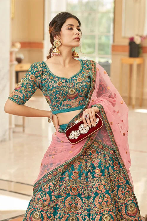 Designer Teal Velvet Lehenga with Soft Net Dupatta