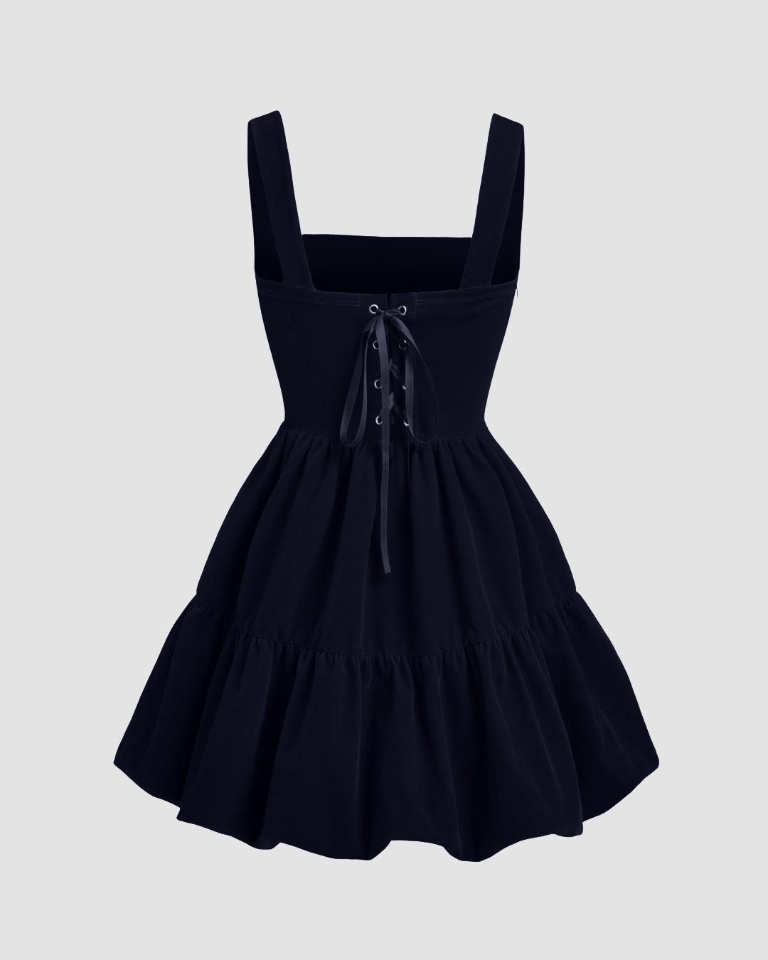 Velvet Lace Up Bowknot Bubble Mini Dress In Black