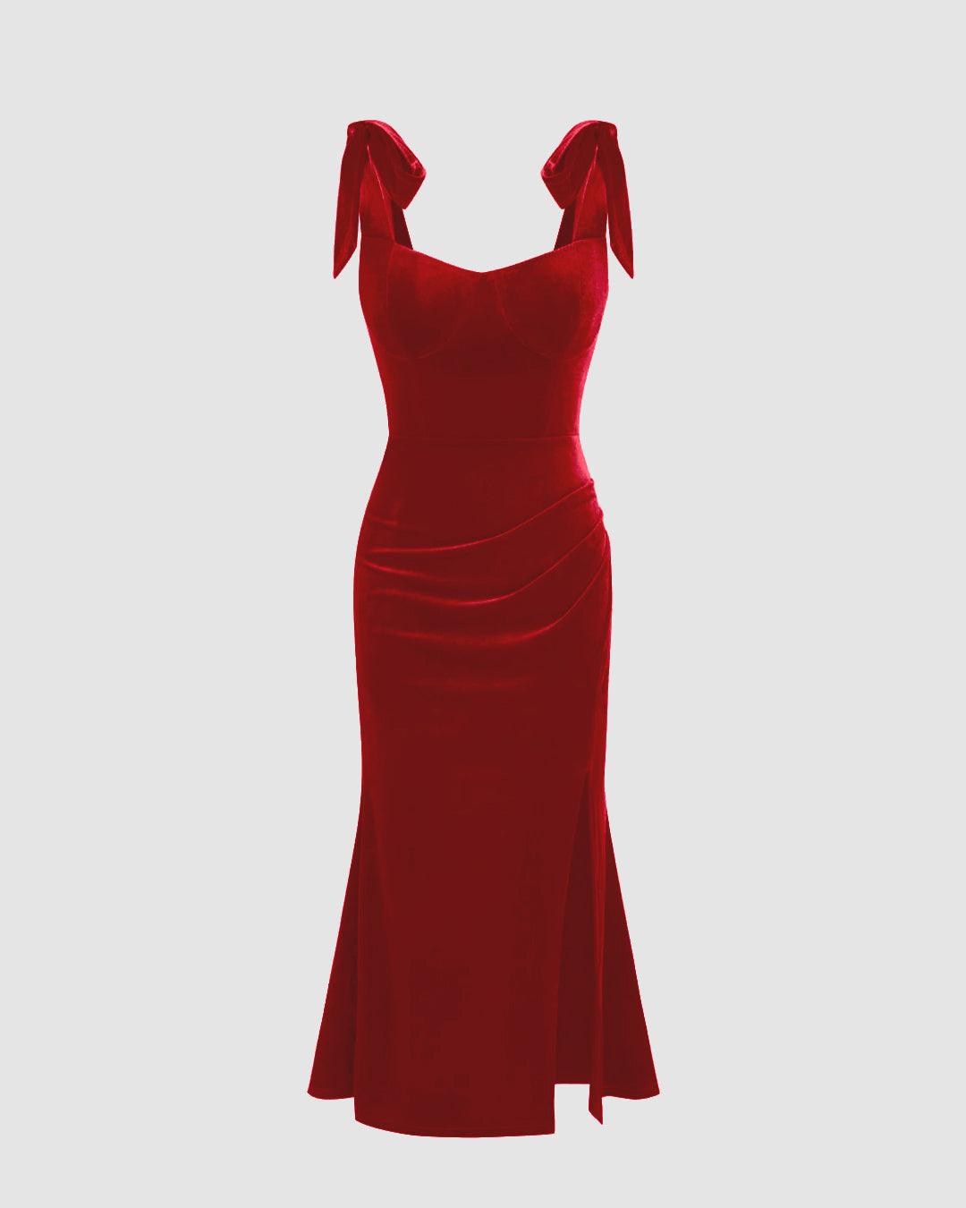 Velvet Sweetheart Neckline Split Ruched Knotted Maxi Dress In Red