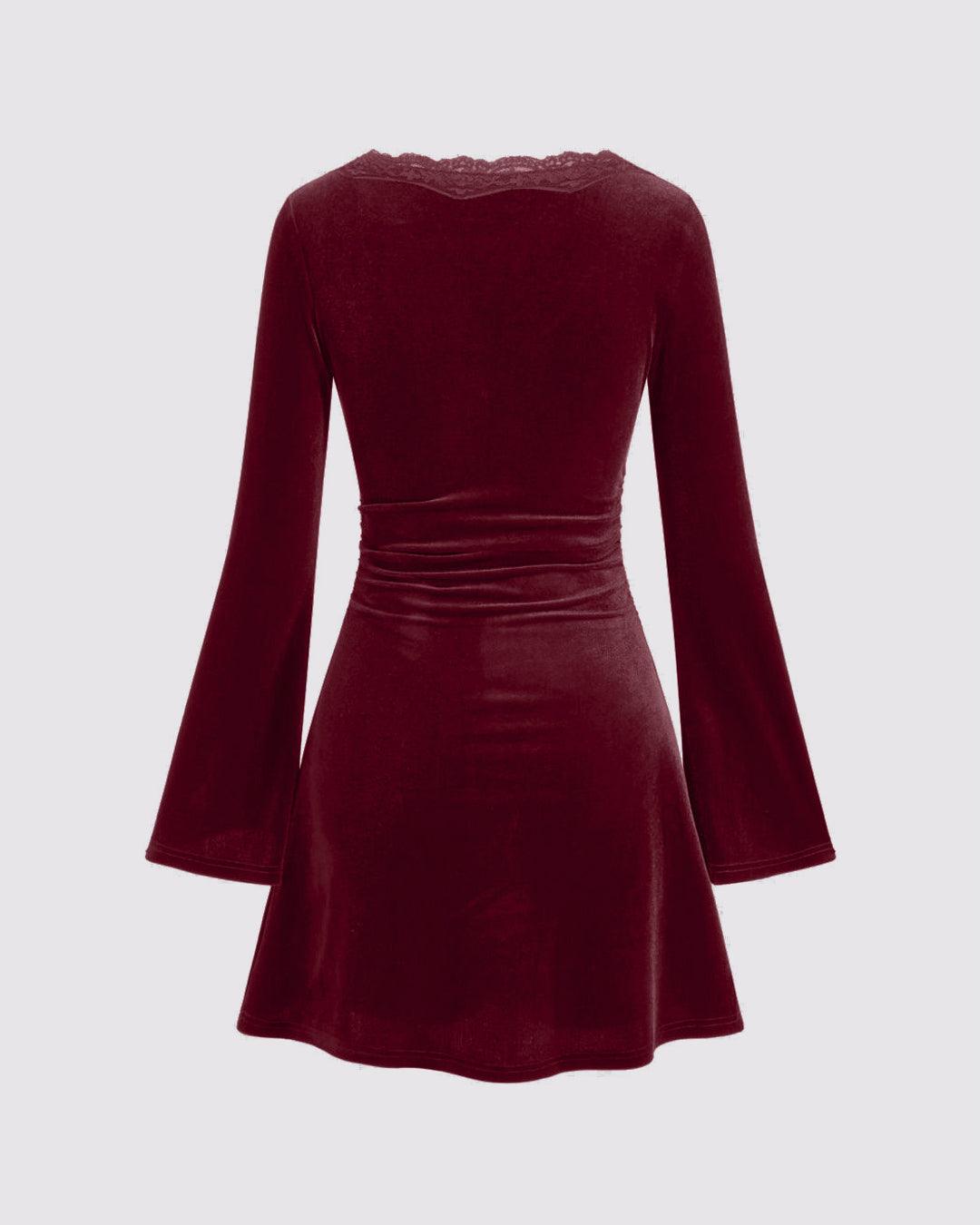 Velvet V-neck Floral Lace Trim Mini Dress In Rose Gold