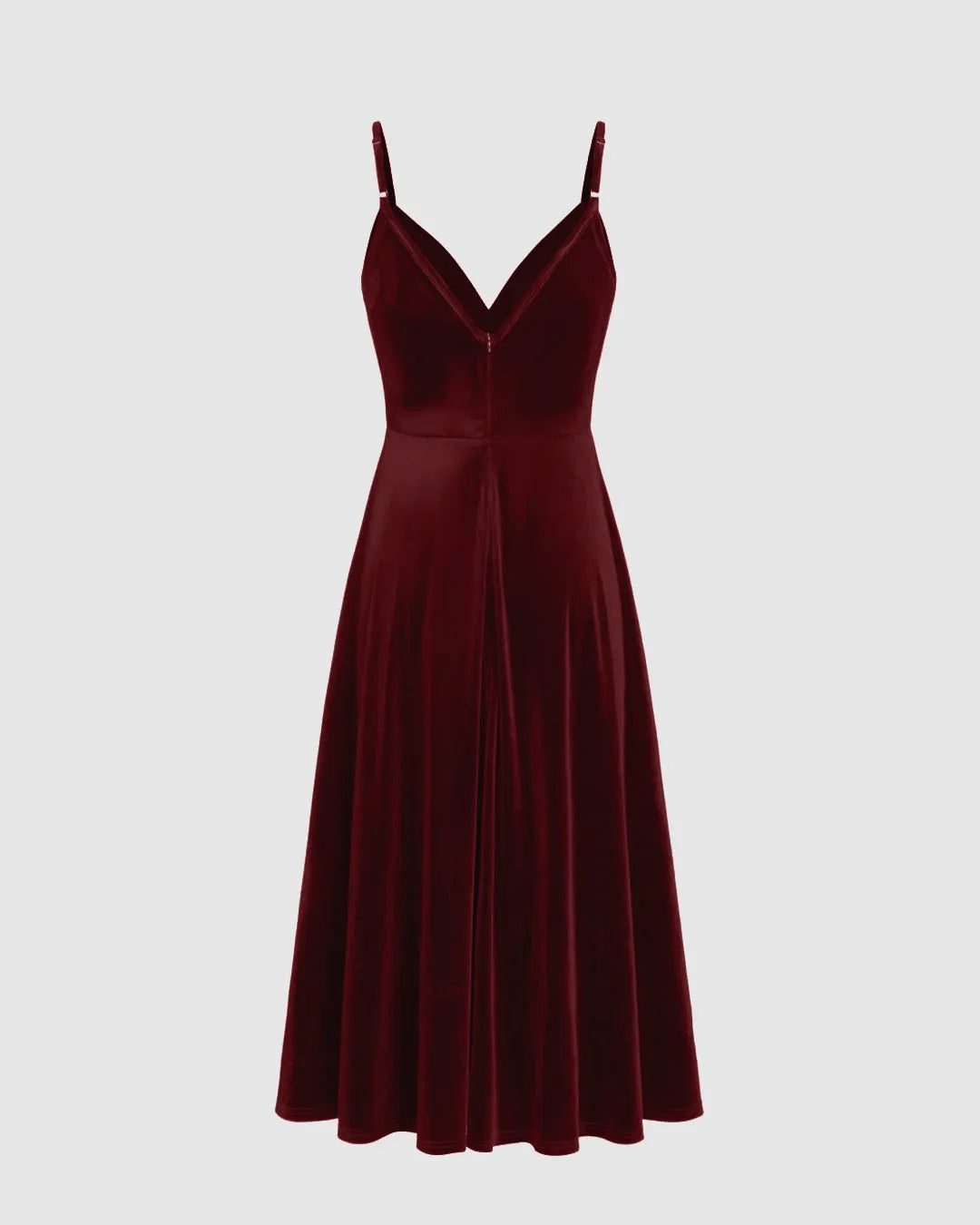 Velvet V-neck Solid Color Ruffle Midi Dress In Cherry Red