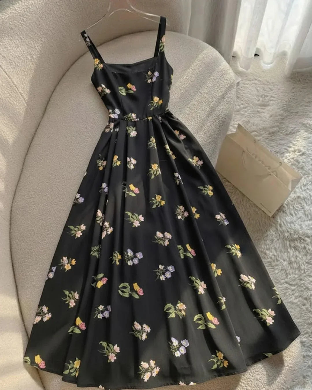 Vintage-Inspired Floral Fit and Flare Midi Dress in Black