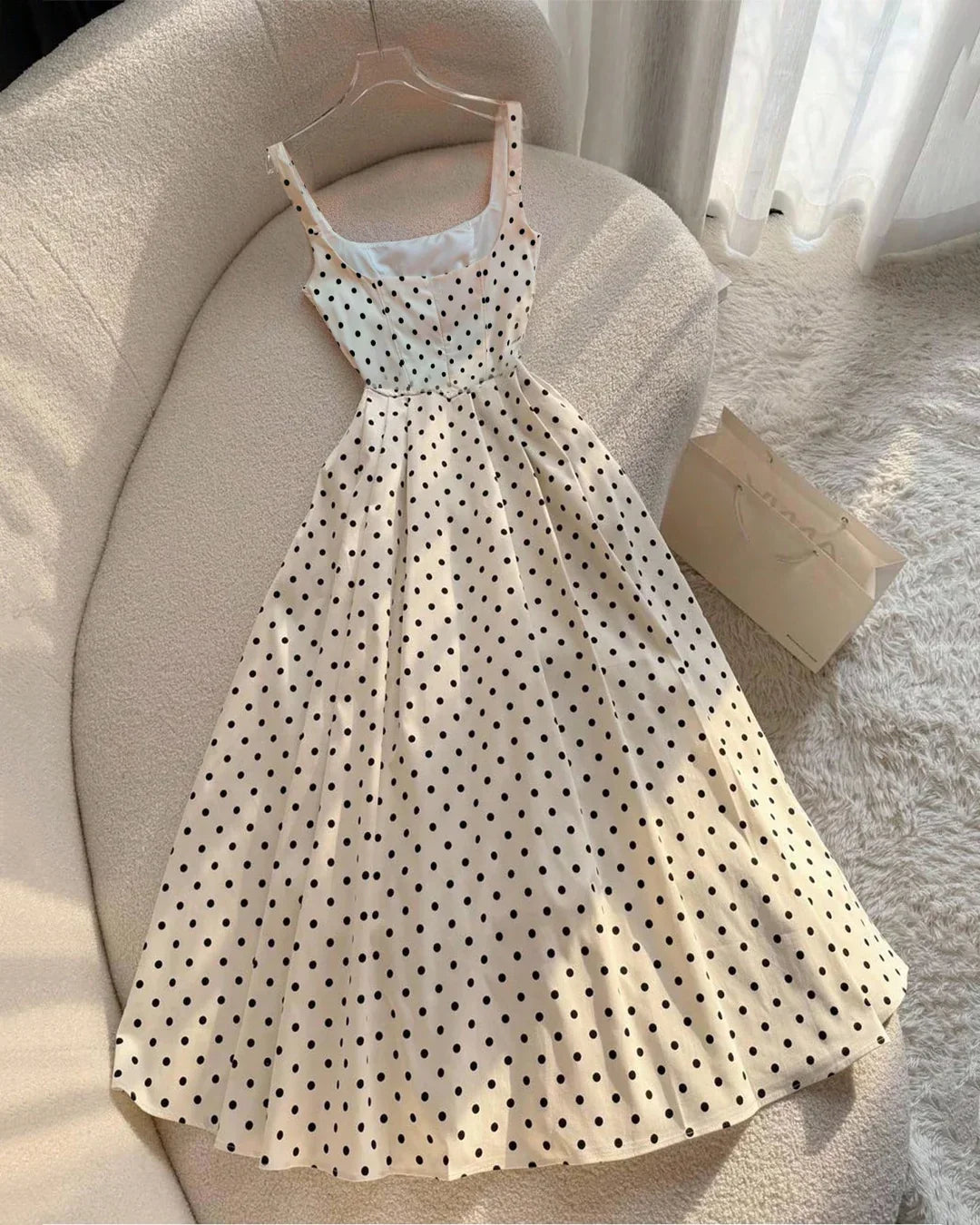 Vintage-Inspired Polka Dot Fit and Flare Midi Dress in White