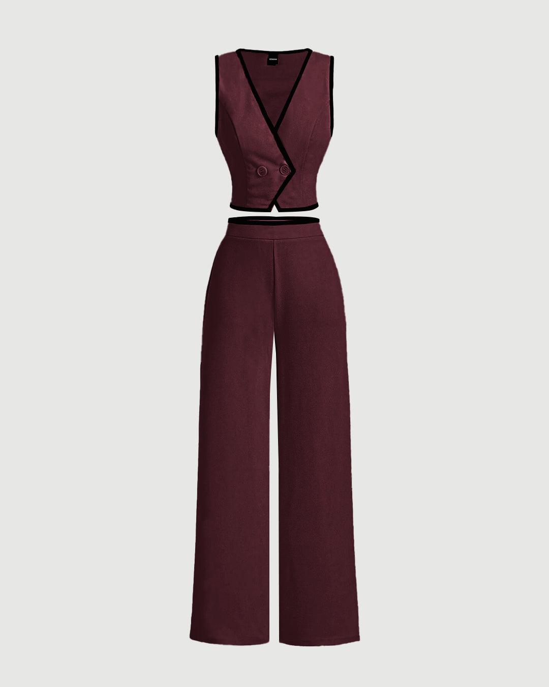 Vintage Color Block Trim Suit Set In Cherry in Red