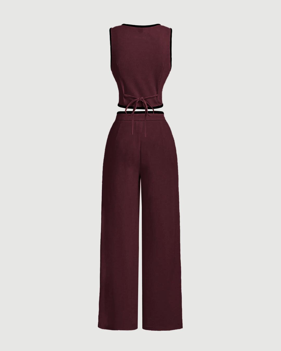 Vintage Color Block Trim Suit Set In Cherry in Red