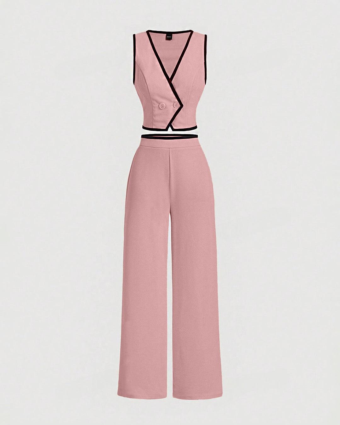 Vintage Color Block Trim Suit Set In Pink