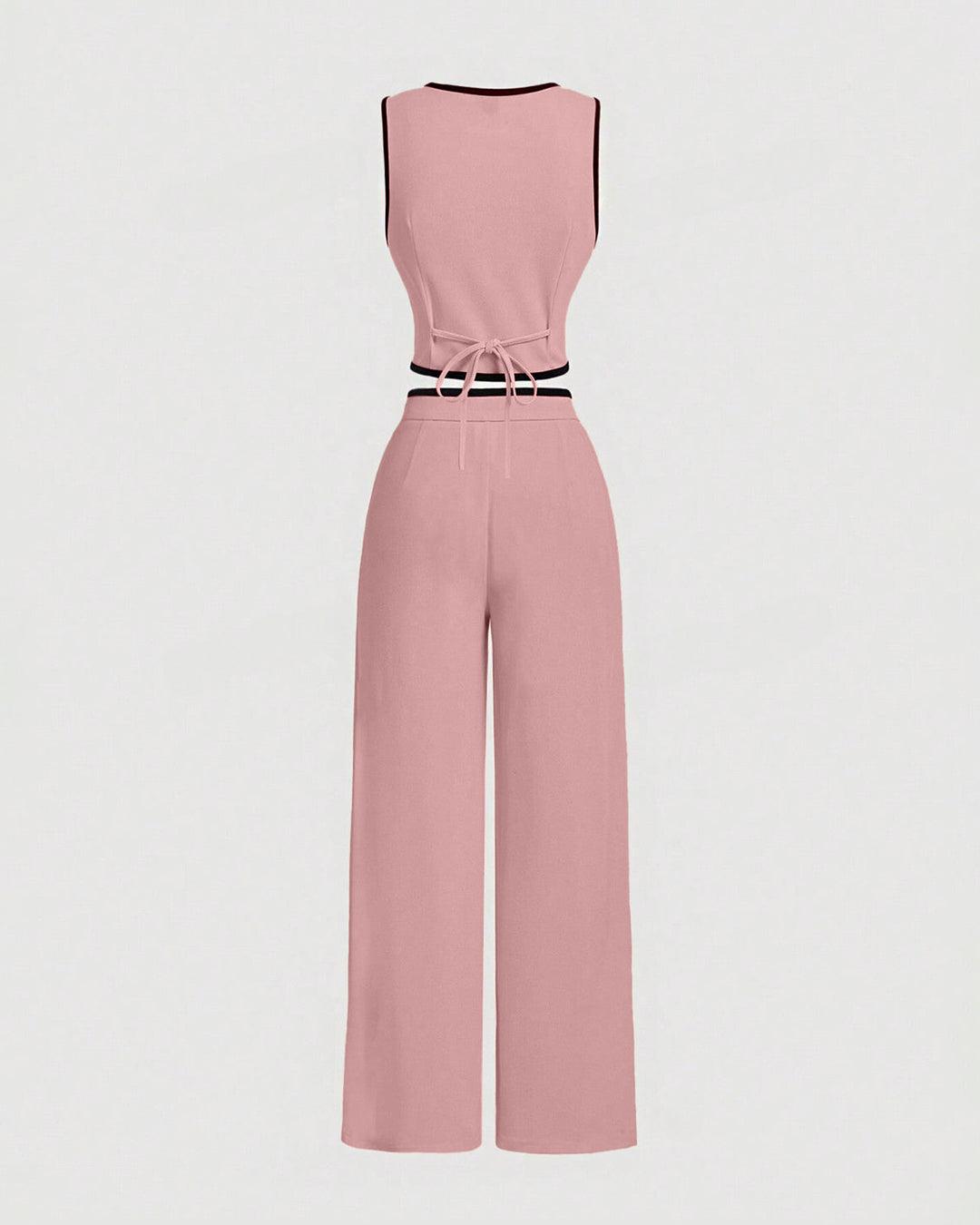 Vintage Color Block Trim Suit Set In Pink