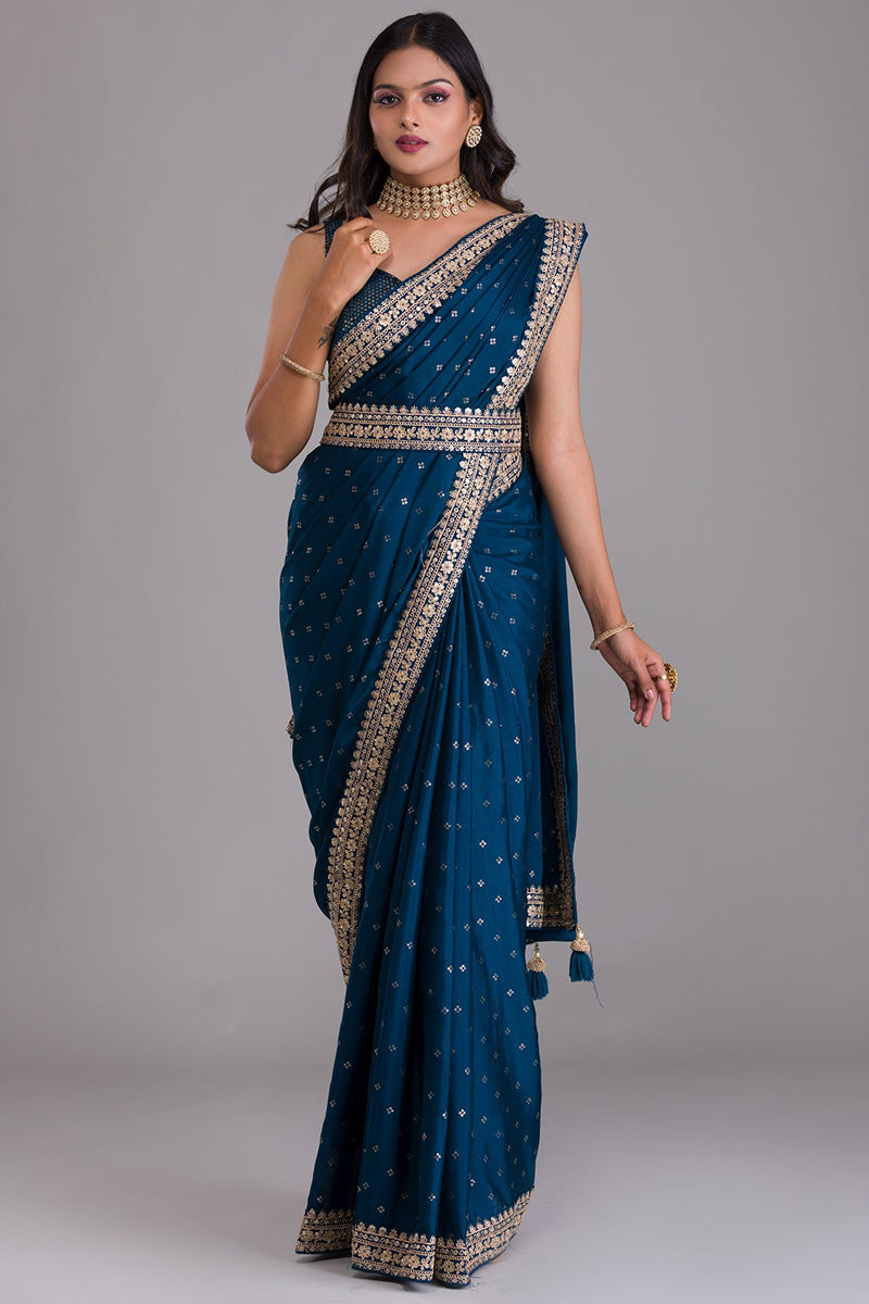 Teal Color Art Silk Fabric Glamorous Saree With Sequins Work